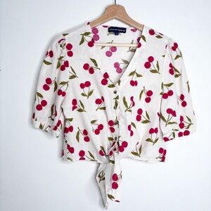 Princess Highway Cherry Print Linen Tye Front Button Down Blouse Size 12 NWOT